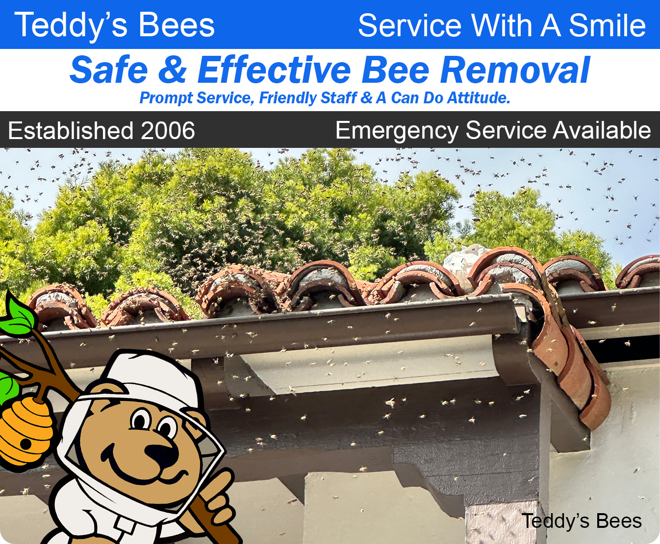 picture of teddys bee removal inspecting the eave of a home. trucks in front of a customers home.