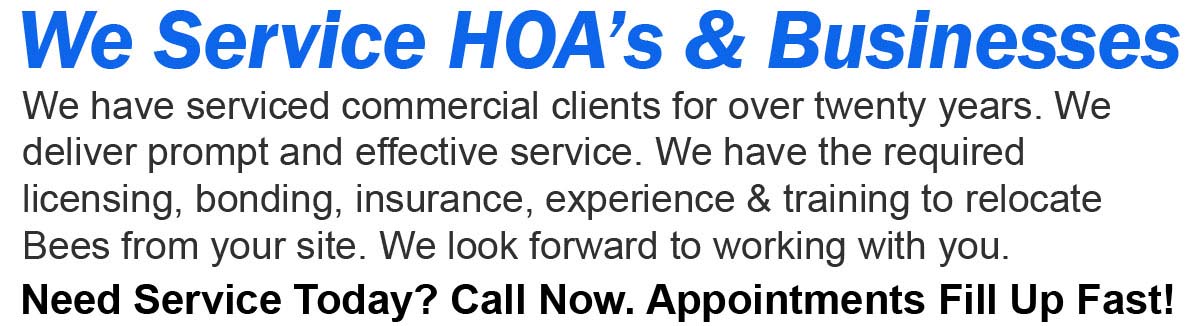 Teddys Bee Removal company logo with text that says,We service Home Owner Associations and Businesses. Call now. Appointments fill up fast